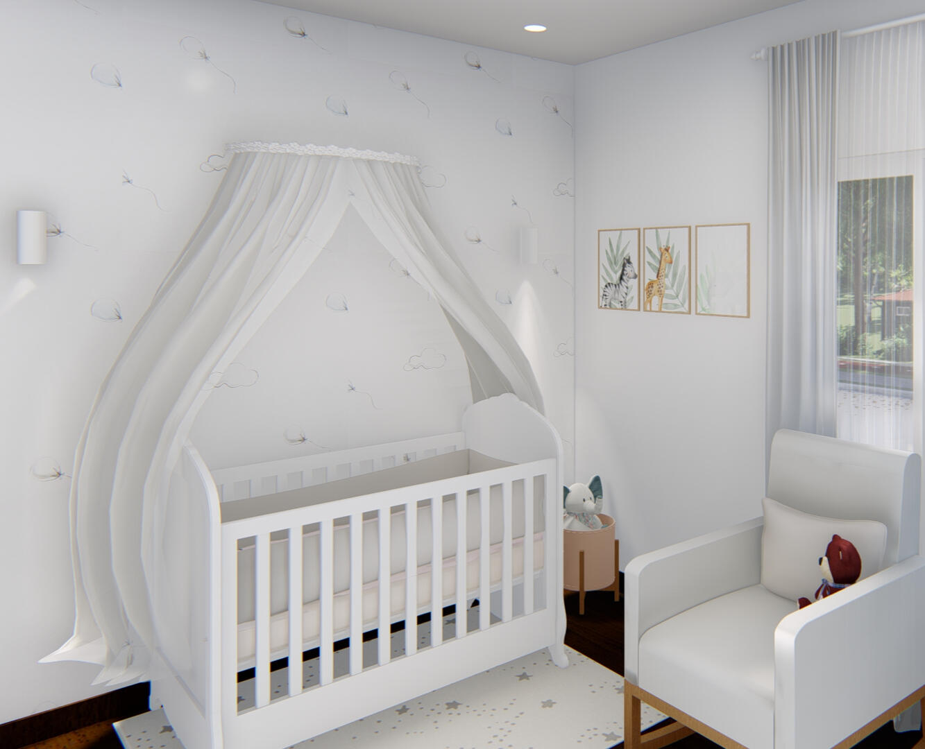 Habitación nursery para la princesa de la casa, con tema safari, tonos neutros, amarillos y verdes.